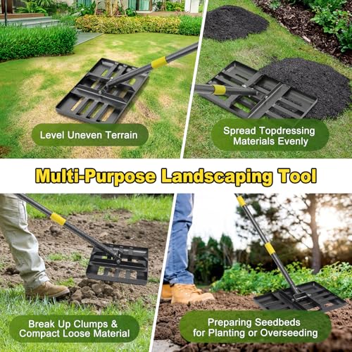 Lawn Leveling Rake: Anti Flipping 17" x 10" Stainless Steel Lawn Ground Leveler for Soil, Heavy Duty Grass Top Soil Dressing Leveling Rake, Home Lawn,Golf Field,Yard Landscaping Tool, 60” Long Handle