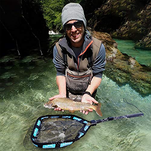 PLUSINNO Floating Fishing Net for Steelhead, Salmon, Fly, Kayak, Catfish, Bass, Trout Fishing, Rubber Coated Foldable Landing Net with Fixed or Telescoping Pole Handle, Fishing Gear and Gifts for Men - color: 11.8"/30cm Hoop Size 0.8M Blue (Fixed Pole)