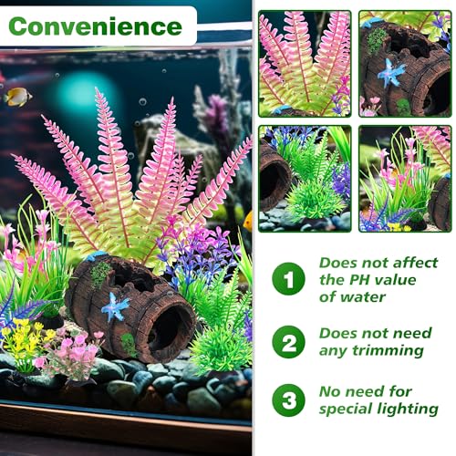 Ameliade Fish Tank Accessories Decorations Set with Broken Barrel Cave & 11 Artificial Aquatic Plants - Betta Goldfish Hiding Spots for Aquariums, Small Bowl Ornament Decor