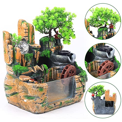 Tabletop Fountain, Indoor Relaxation Desktop Fountain Waterfall,with Rockery,Aquariums,Plant,Atomizing Humidifier, Zen Meditation Rockery Crafts Indoor Waterfall Bonsai Home Decor Office Bedroom (A)