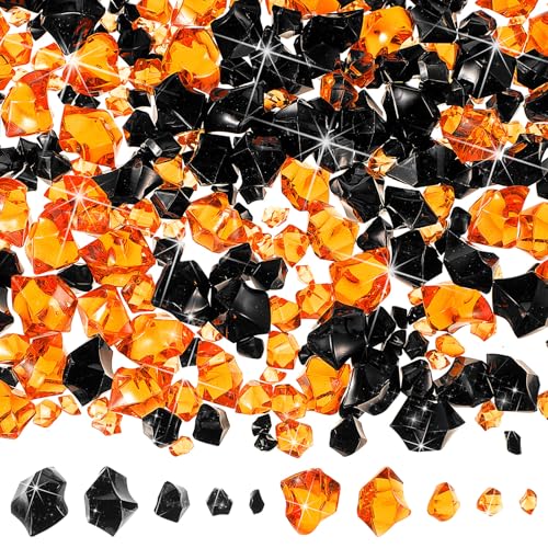 Syhood 570 Pcs 5 Sizes Orange and Black Fake Crushed Ice Rocks Acrylic Crystal Gems Plastic Diamonds Marble for Vase Fillers Decoration Wedding Table Scattering Room Halloween Decor - color: Orange and Black