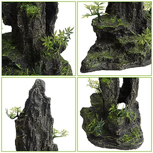 14.4" Tall Aquarium Cave Decor, Large Resin Mountain Hideout with Artificial Plants, Rock Shelter for Betta & Cichlid, Landscape Ornament for 20-40 Gallon Freshwater & Saltwater Tank