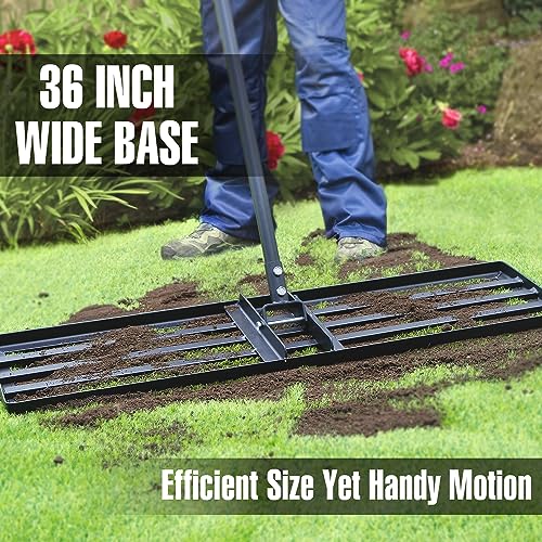 Jardineer 36 Inch Heavy Duty Lawn Leveling Rake, 72 Inch Long Handle Yard Leveler for Grass Soil, Ground Dirt Leveler Tool for Lawn, Garden, Golf Course Maintenance - style: 36inch Lawn Leveling Rake with 72 Inches Long Handle