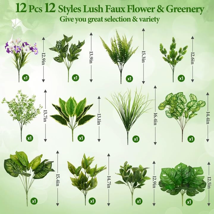 Livole 12Pcs 12 Styles Artificial Plants Outdoor Realistic UV Resistant Artificial Flowers Large Bunches Faux Plants Greenery Stems Boston Fern for Garden Porch Planter Window Box Home Decor - size: 12Pcs