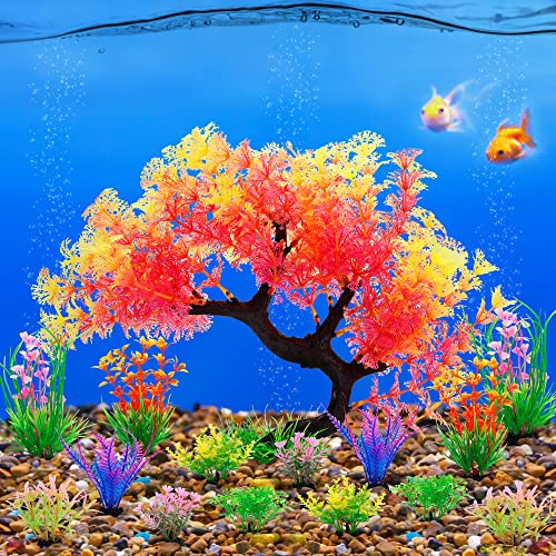 MyLifeUNIT Fish Tank Decorations, 15 Pack Artificial Aquarium Plants Tree Set for Fish Tank Decor (Pink Set) - color: Pink Set