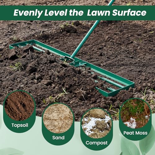 Goplus Lawn Leveling Rake, 42" x 10" Heavy Duty Level Lawn Tool w/ Ergonomic Handle for Soil, Effort-Saving Landscape Rake for Garden, Backyard, Golf Course, Farm, Pasture - style: 42" x 10", Green