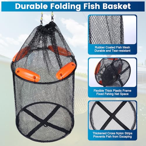 Large Foldable Floating Fishing Basket for Live Caught Fish, Collapsible Rubber-Coated Fish Net Kayak Bait Storage Cage with 5M Double Hook Nylon Rope and 6 Cable Ties, 1 Storage Bag