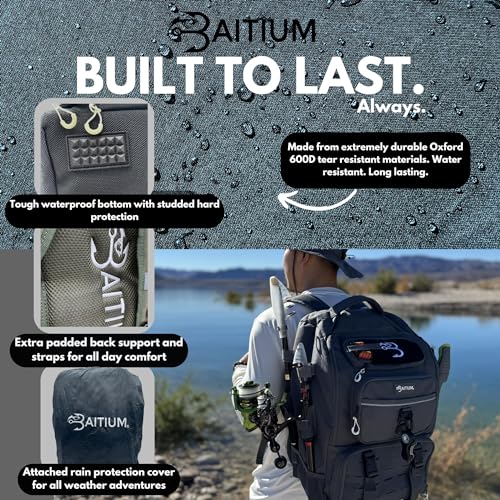 Baitium Fishing Backpack, Tackle Bag With Rod Holders, 40L Capacity With Cooler, Rain Cover, Insulated Pocket, 4 Tackle Trays Included - (Grey) - color: Grey