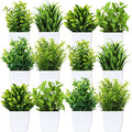 12 Pcs Fake Plants Small Artificial Faux Plants for Shelf Mini Plastic Potted Greenery for Home Office Desk Bathroom Bedroom Indoor Decor(White Pot,Green)