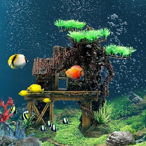 Aquarium Decorations Fish Tank Ornaments House on Terrace with Tree Root Resin Handicrafts for Betta Fish