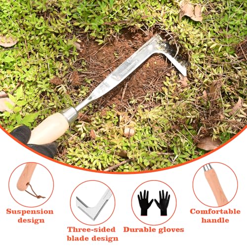 BokingOne 3-Sided Crevice Weeder - 12.6" Stainless Steel Garden Weeding Tool with Beech Handle, L-Shaped Crevice Weeder Sickle for Garden Lawn, Yard Patio Terrace, Paving Gaps - color: 3-Sided silvery