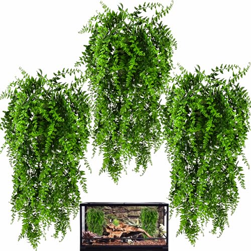 HERCOCCI 3 Pack Reptile Plants, Terrarium Hanging Plants Vines Artificial Leaves Habitat Decorations with Suction Cup for Bearded Dragon Hermit Crab Lizard Snake Geckos Chameleon - color: 3 Pack