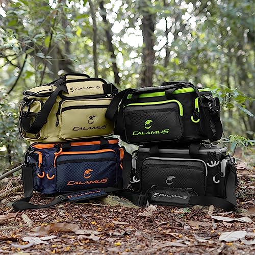 Calamus Fishing Tackle Bags - Saltwater & Freshwater Fishing Bags - Rip-Stop PE - Padded Shoulder Strap - Pliers Storage - Black - color: D：Black(without trays)-14.3*9*7.5 inches