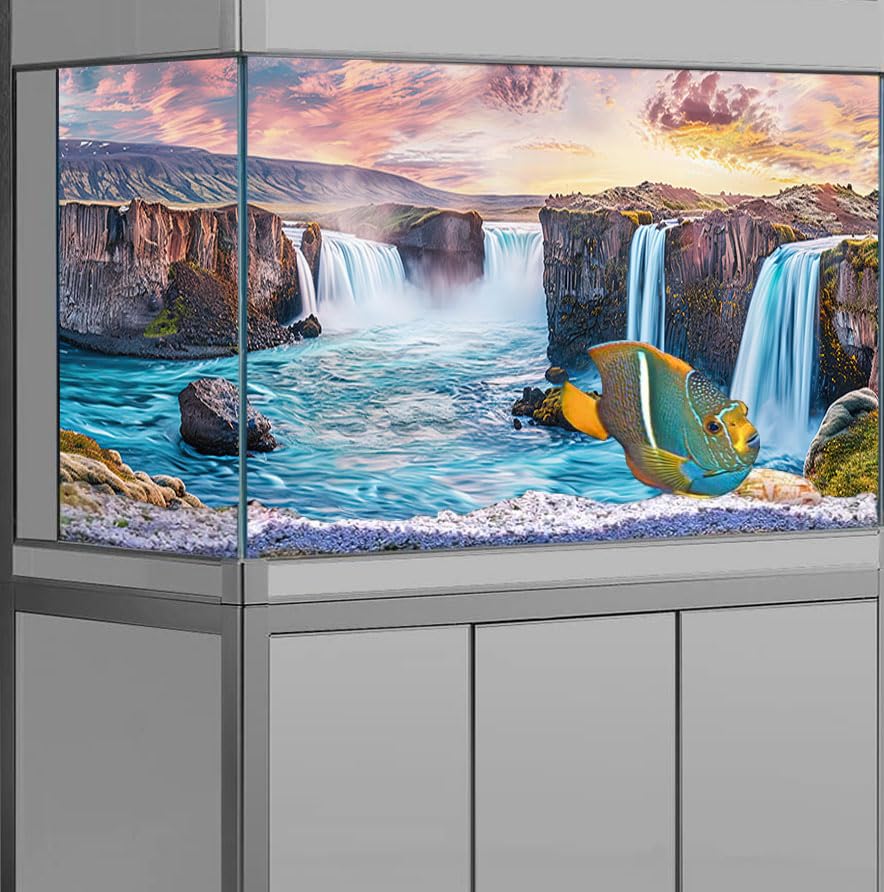 Natural Landscape Waterfall Aquarium Background, Art Natural Landscape Theme Fish Tank Background, Crawling Terrarium Background 24X12IN with 8 EVA Double-Sided Tape - color: Landscape03, size: 24X12in/60X30cm