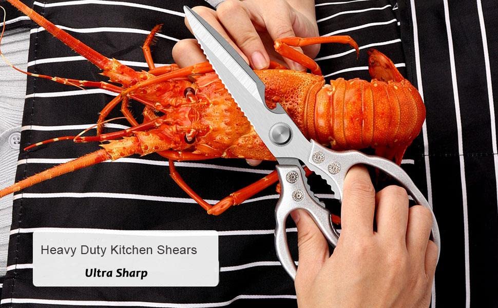 AWinjoy Heavy Duty Sharp Kitchen Scissors, Dishwasher Safe, Cooking Shears for Meat, Chicken, Fish, Poultry, Herb, Bread (Silver) - color: Silver