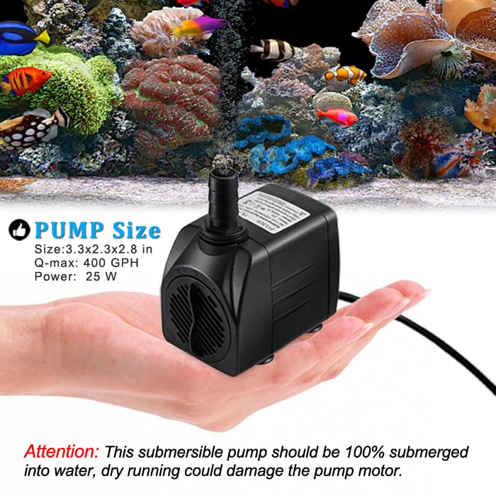 PULACO 400GPH Submersible Pump with 5 ft Tubing, (1500L/H 25W) durable fountain water pump for Pond Fountain, Aquariums Fish Tank, Statuary, Hydroponics - size: 400 GPH