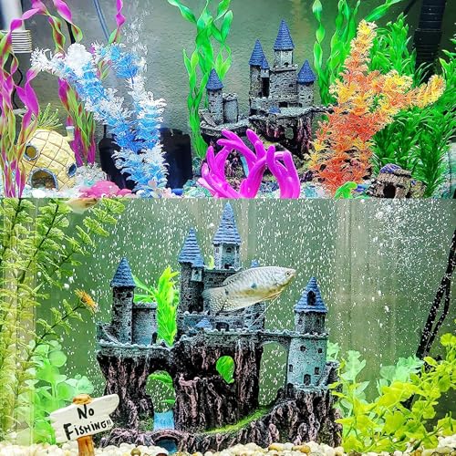 Aquarium Castle Decor, Resin Castle for Fish Tank with Randomly Color Plants Decorations Accessories for Freshwater and Saltwater Fish Tanks - color: 【blue】