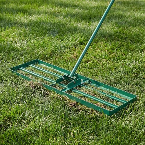 Goplus Lawn Leveling Rake, 36" x 10" Heavy Duty Level Lawn Tool w/ Ergonomic Handle for Soil, Effort-Saving Landscape Rake for Garden, Backyard, Golf Course, Farm, Pasture - style: 36" x 10", Green