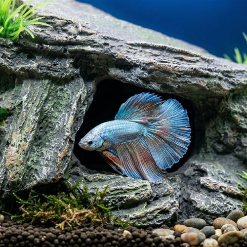 Aquarium Cave & Betta Hideout - Natural Resin Fish Tank Decorations, Small Turtle Basking Platform, Hand-Polished Smooth Edges, PH Neutral Stone Decor for Shrimp, Cichlid, and Reptiles (Small) - color: S-Dock with Green, size: Small