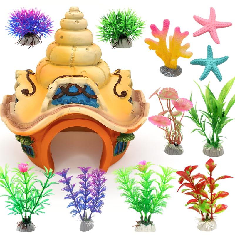 Fish Tank Decorations kit, Aquarium Decor Sea Shell House x 1pc, Fish Tank Accessories Aquatic Plants x 8pcs, Starfish x 2pcs, Coral x 1pcs.
