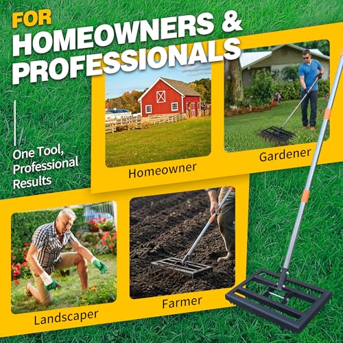 Lawn Leveling Rake 17x10 Inch, 6FT Heavy-Duty Carbon Steel Lawn Leveler – Yard Leveling Rake for Soil, Sand, Grass, Perfect for Lawn Repair, Pit Filling & Garden Maintenance - size: S