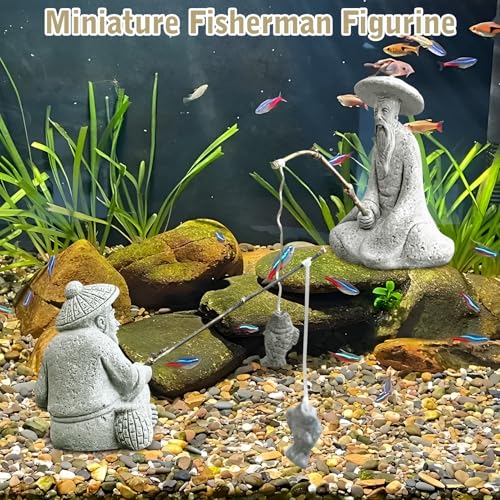 Tfwadmx 2 Pcs Sitting Fisherman Figurines, Aquarium Decorations Mini Fish Tank Ornaments Asian Zen Statue, Sandstone Vintage Aquascaping Decor for Betta Tank Accessories (Small) - size: Small