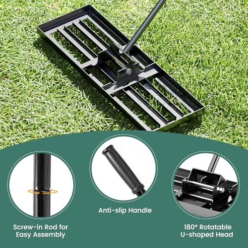 Goplus Lawn Leveling Rake, 30" x 10" Heavy Duty Level Lawn Tool w/ Ergonomic Handle for Soil, Effort-Saving Landscape Rake for Garden, Backyard, Golf Course, Farm, Pasture, Black - style: 30" x 10", Black