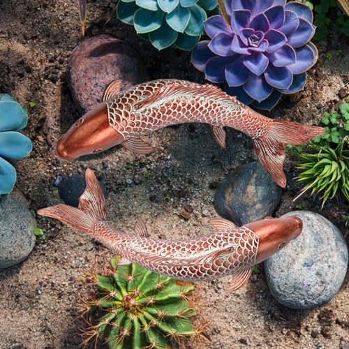 Garden Statues Koi Fish Decor Outdoor Garden Fish Statues, Set of 2 Antique Copper Koi Art Sculptures for Patio, Backyard, Pond and Home Decor, Best Gardening Gifts for Women Mom - size: Large-14 inches Long