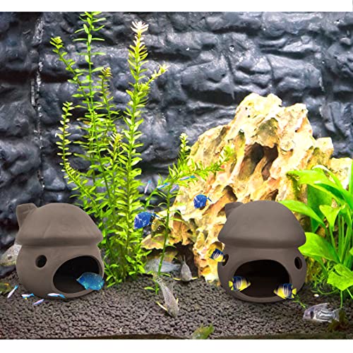 WishLotus Aquarium Cave Decoration, Durable Aquarium Fish Hideout Ceramic Fish Tank Ornament Mushroom House Fish Tank Betta Hidden Tunnel for Fish and Shrimp Rest Play and Natural Breeding (Brown) - color: Brown
