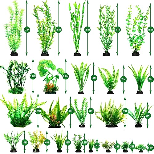 XunYee 100 Pcs Artificial Aquarium Plants, Plastic Fish Tank Decorations, 1.57 to 11.81 Inches Green Plants, Turtle Betta Accessories for Aquarium Home Office, 45 Styles