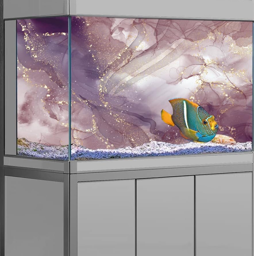 Purple Marble Aquarium Background, Art Abstract Pink Gold Line Marble Terrarium Background, Coloful Marble Glass Terrarium Background 48X18IN with 8 EVA Double-Sided Tape - color: Marble03, size: 48X18in/120X45cm