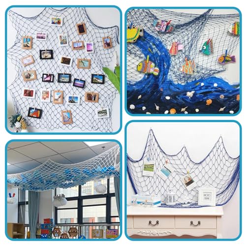 8 Pack Hand Carved Antique Wood Fish Sculpture Decor Ornament with Fishnet, Wooden Nautical Beach Theme Wall Art Hanging Fishing Net Decorations for DIY Party, Lake House, Bathroom Bedroom Blue