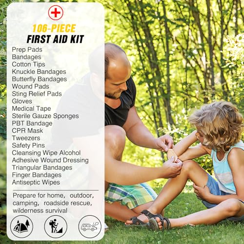 Nilight Car Emergency Kit with Jumper Cable, First Aid Kit Safety Assistance Tools for Travel Camping Outdoor Cars Truck SUV RV, Roadside Essentials with Flash Light - color: Essential Kit+Digital Air Compressor