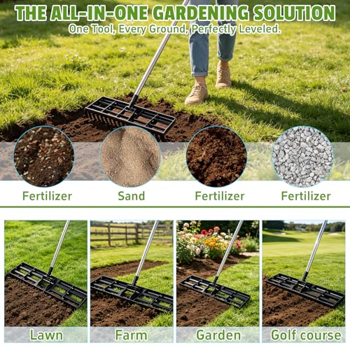 Lawn Leveling Rake for Soil, 17"-30" Modular Interlocking Stainless Steel Lawn Leveler, 78"Adjustable Handle Yard Leveling Rake, Anti-Flip Ground Leveler for Yard, Sand, Topdressing, Golf Course, Farm