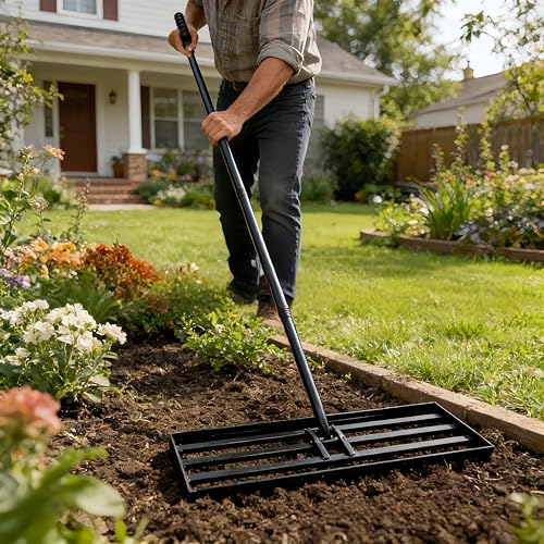 Lawn Leveling Rake, 42” x 10” Leveling Rake，Lawn Leveler w/ 72” Long Non-Slip Handle, Level Lawn Tool for Grass, Golf Field, Level Soil or Dirt Ground