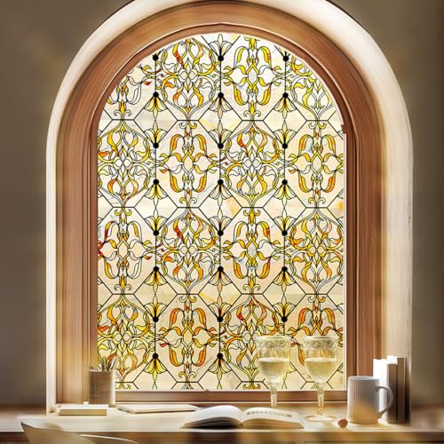 OHTMERU 3D Stained Glass Window Privacy Film, Heat Control UV Blocking Static Cling Decorative Window Film for Bathroom,Front Door,Home Non Adhesive 16.9 x 39.3 inches Golden Filigree - color: Golden Filigree, size: 16.9 x 39.3 inches