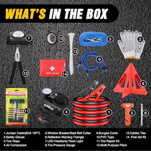 Nilight Car Emergency Kit with Jumper Cable, First Aid Kit Safety Assistance Tools for Travel Camping Outdoor Cars Truck SUV RV, Roadside Essentials with Flash Light - color: Essential Kit+Air Compressor