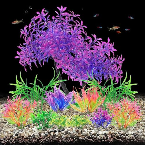 AQUANEAT Artificial Aquarium Plants, Fish Tank Purple Tree Decoration Set, Plastic Accessories, 11pcs - color: Purple