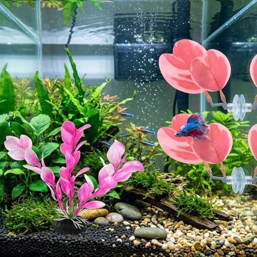 Pink Aquarium Decor, Betta Fish Resting Spot and Feeding Ring for Fish Tank, Small Fish Tank Decor with 4 Pieces of Pink Betta Hammock Plants, 4 Inch Height for Aquarium Decoration
