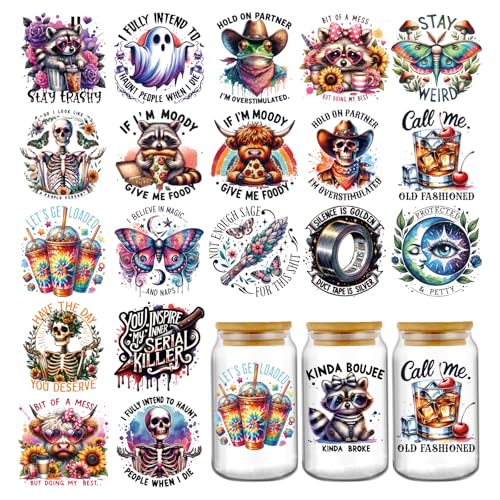 Funny UV DTF Stickers - 20 Sheets Cute Highland Cow Raccoon UV DTF Cup Wraps for 16 20 oz Glass, If I'm Moody Give Me Foody Fun Ghost Skull Butterfly Transfer Sticker Decal DIY Water Bottle Decoration - style: Funny Quotes