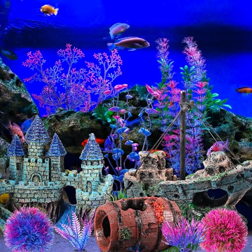 Zeyune 18 Pcs Fish Tank Decorations Artificial Plastic Plants Decoration and Rock Cave Decor Set Aquarium Decor Resin Castle Sunken Ship Starfish Barrel Goldfish Betta Tank Accessories Purple Ornament
