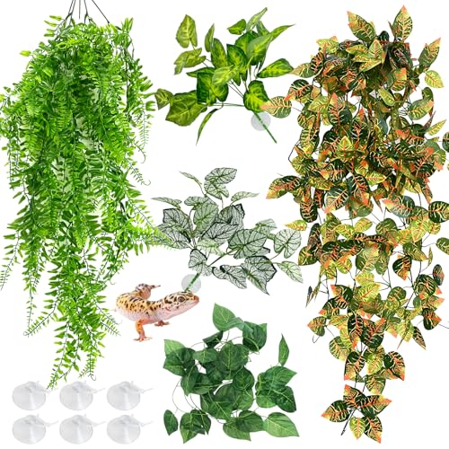 Hamiledyi 5 Pcs Reptile Plants Terrarium Hanging Fake Plant Leaves, Bearded Dragon Tank Accessories, Habitat Decor for Snake Leopard Gecko Lizard Chameleon Spider Turtle (Style 3) - size: 5 PCS - Style 3