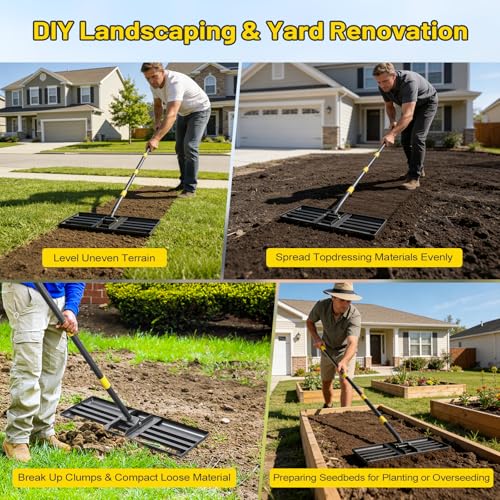 Lawn Leveling Rake,30x10 Inch Ground Plate,72 Inch Adjustable Long Handle Yard Level Tool with Curved Edge,Heavy Duty Large Landscaping Lawn Leveler for Grass, Golf Field, Soil Sand Dirt Spreader - size: 30"x10", 80"