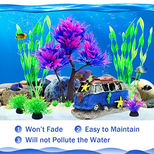 6PCS Fish Tank Aquarium Decorations Plastic Plants with Resin Cave Rock for Fish Hideout (Purple Set) - color: Purple & Green