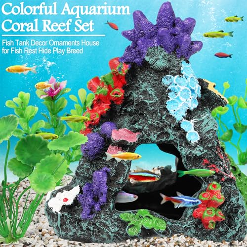 MyLifeUNIT Fish Tank Decorations, 7 Pieces Aquarium Plants Set with Coral Reef Decoration Mountain Cave Ornament for Betta, Goldfish, Shrimp to Breed, Play and Rest (Green) - color: Green
