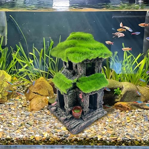 Hamiledyi Fish Hideout House for Aquarium Decorations, Betta Cave with Lifelike Moss, Come with 2 PCS Artificial Plants, Fish Tank Decoration for Shrimp Fish Shelter - style: Cottage