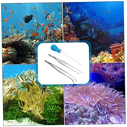 ibasenice 3pcs Aquarium Cleaning Tool Set Stainless Steel Tweezers Serrated Tips for Fish Tank Maintenance Includes Straight Curved Tweezers and Siphon Vacuum Tool