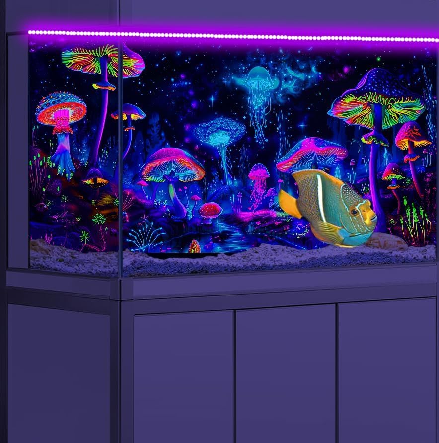 36X18IN Blacklight Mushroom Jellyfish Aquarium Background UV Reactive Background Starry Sky Terrarium Background with 10 EVA Double-Sided Tape - size: 36X18in/90X45cm