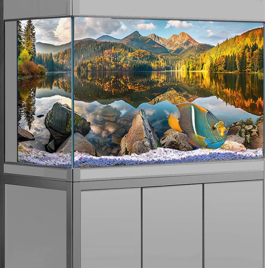 Natural Landscape Waterfall Aquarium Background, Art Nature Photo Theme Fish Tank Background, Lake Terrarium Background 36X18IN with 8 EVA Double-Sided Tape - color: Landscape02, size: 36X18in/90X45cm
