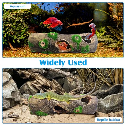 Hamiledyi 2 PCS Small Tree Trunk Aquarium Fish Tank Ornament, Betta Fish Hideout Caves, Resin Moss Tree Trunk Aquarium Decoration with Holes and Caves
